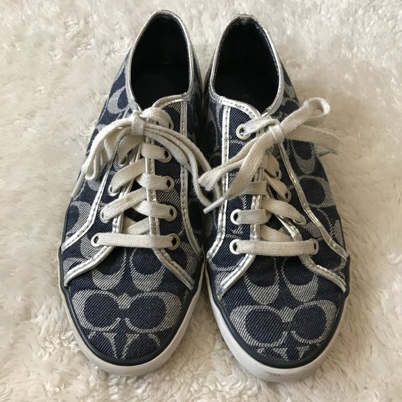 Coach Dee Navy Signature Sneakers Silver Logo 6.5 - Picture 3 of 9